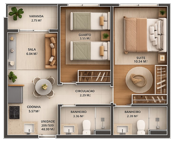 Planta Unidade 52 m²