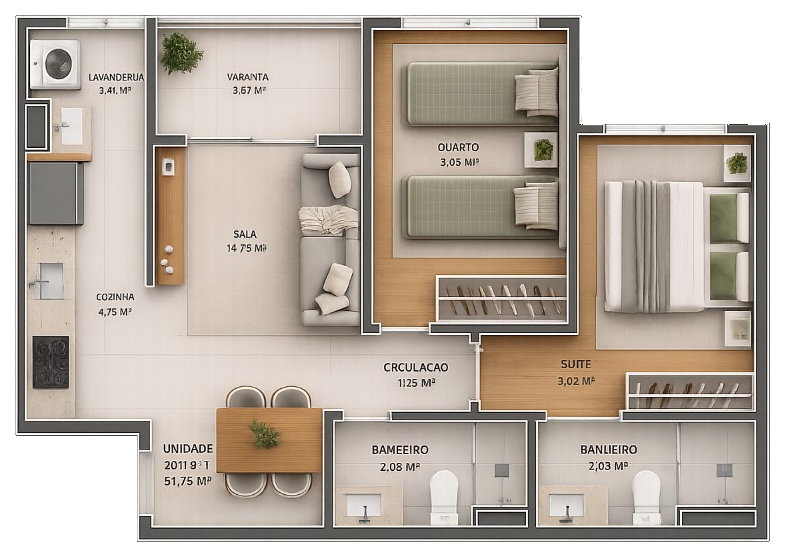 Planta Unidade 47 m²