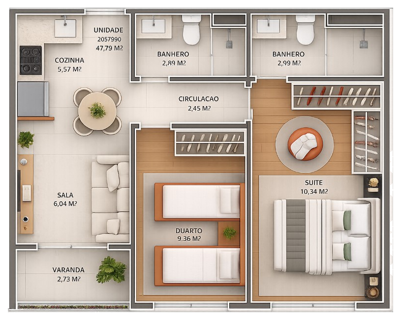 Planta Unidade 48 m²